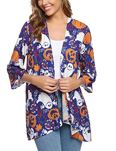 Aibrou Cárdigan Kimonos Mujer Camisolas y Pareos Pareo Playa,Cardigan Verano Manga 3/5 Tops Blusa Floral Suelta,Vacaciones Playa Chal,(Halloween 2, XXL)