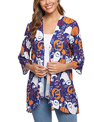 Aibrou Cárdigan Kimonos Mujer Camisolas y Pareos Pareo Playa,Cardigan Verano Manga 3/5 Tops Blusa Floral Suelta,Vacaciones Playa Chal,(Halloween 2, XXL)