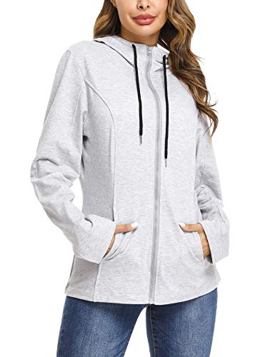 Aibrou Chaqueta Deporte con Cremallara y Capucha para Mujer,Chaqueta Chándal,Sudadera Algodon Manga Larga Abrigo con Bolsillo para Primavera,Otono,Invierno (Gris Claro, S)