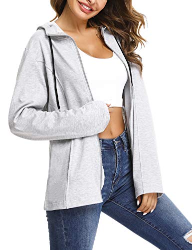 Aibrou Chaqueta Deporte con Cremallara y Capucha para Mujer,Chaqueta Chándal,Sudadera Algodon Manga Larga Abrigo con Bolsillo para Primavera,Otono,Invierno (Gris Claro, S)