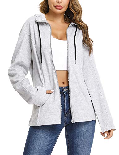 Aibrou Chaqueta Deporte con Cremallara y Capucha para Mujer,Chaqueta Chándal,Sudadera Algodon Manga Larga Abrigo con Bolsillo para Primavera,Otono,Invierno (Gris Claro, S)