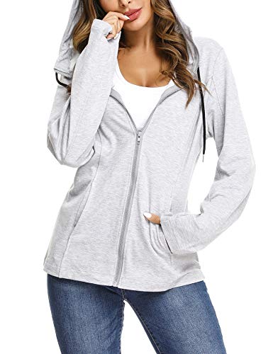 Aibrou Chaqueta Deporte con Cremallara y Capucha para Mujer,Chaqueta Chándal,Sudadera Algodon Manga Larga Abrigo con Bolsillo para Primavera,Otono,Invierno (Gris Claro, S)