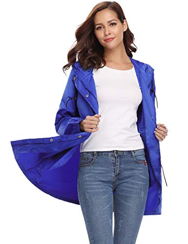 Aibrou Chaqueta Impermeable Mujer,Chaqueta Cortavientos Running Abrigo Impermeable con Capucha Chubasquero Impermeable Deportivo Chuvasqueros de Lluvia Primavera, Azul, L