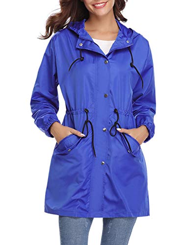 Aibrou Chaqueta Impermeable Mujer,Chaqueta Cortavientos Running Abrigo Impermeable con Capucha Chubasquero Impermeable Deportivo Chuvasqueros de Lluvia Primavera, Azul, L