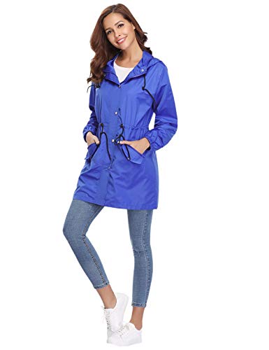 Aibrou Chaqueta Impermeable Mujer,Chaqueta Cortavientos Running Abrigo Impermeable con Capucha Chubasquero Impermeable Deportivo Chuvasqueros de Lluvia Primavera, Azul, L