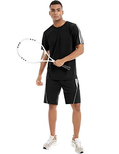 Aibrou Conjunto de Chándal Corto Raya Hombre,Verano Camiseta Manga y Pantalon Transpirable y de Secado rápido Ideal para Gym Correr Trotar Caminar