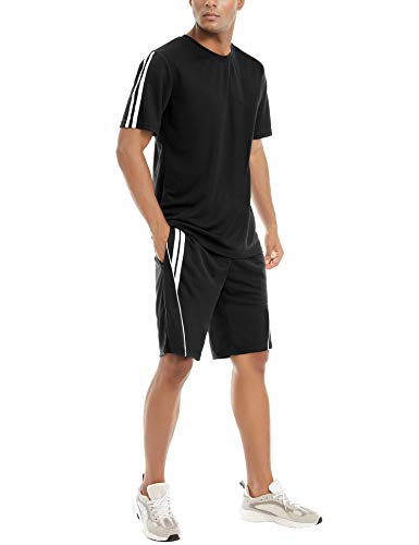 Aibrou Conjunto de Chándal Corto Raya Hombre,Verano Camiseta Manga y Pantalon Transpirable y de Secado rápido Ideal para Gym Correr Trotar Caminar