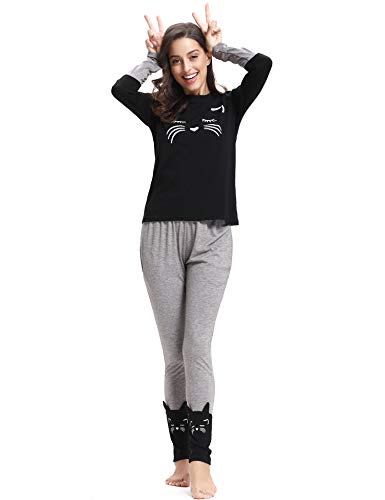 Aibrou Pijamas Mujer Algodón Invierno 2 Piezas,Ropa de Casa Dormir Casual Camiseta y Pantalones Largo Conjuntos Suave y Comodo S-XXL