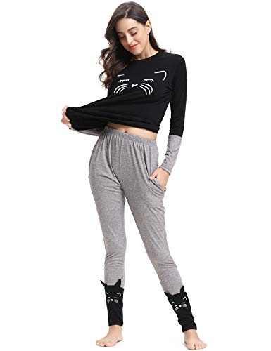 Aibrou Pijamas Mujer Algodón Invierno 2 Piezas,Ropa de Casa Dormir Casual Camiseta y Pantalones Largo Conjuntos Suave y Comodo S-XXL