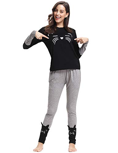 Aibrou Pijamas Mujer Algodón Invierno 2 Piezas,Ropa de Casa Dormir Casual Camiseta y Pantalones Largo Conjuntos Suave y Comodo S-XXL