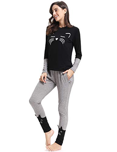 Aibrou Pijamas Mujer Algodón Invierno 2 Piezas,Ropa de Casa Dormir Casual Camiseta y Pantalones Largo Conjuntos Suave y Comodo S-XXL