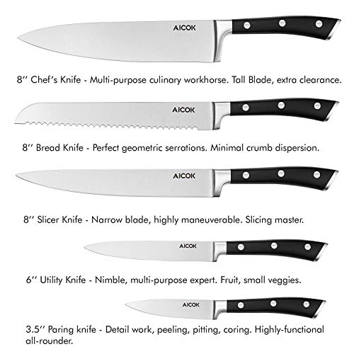 AICOK Juego de bloques de Cuchillo cocinero profesional | 6 piezas | Extra fuerte | acero inoxidable | mangos ergonómicos | Acero inoxidable de alto carbono