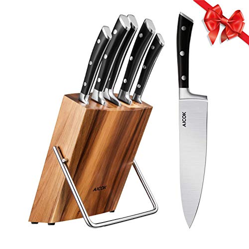 AICOK Juego de bloques de Cuchillo cocinero profesional | 6 piezas | Extra fuerte | acero inoxidable | mangos ergonómicos | Acero inoxidable de alto carbono