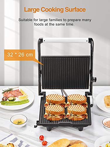 AICOK Parrilla Eléctrica, 2000 W Sandwichera Grill 4-Serving Panini Grill con Placas Antiadherentes Libre de PFOA, Bandeja de Goteo Extraíble, Tapa Flotante y Asa de Toque Frío, Plata