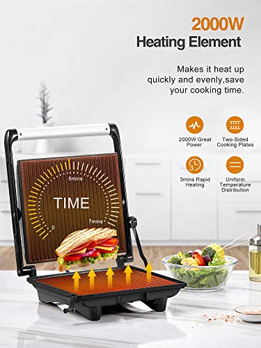 AICOK Parrilla Eléctrica, 2000 W Sandwichera Grill 4-Serving Panini Grill con Placas Antiadherentes Libre de PFOA, Bandeja de Goteo Extraíble, Tapa Flotante y Asa de Toque Frío, Plata