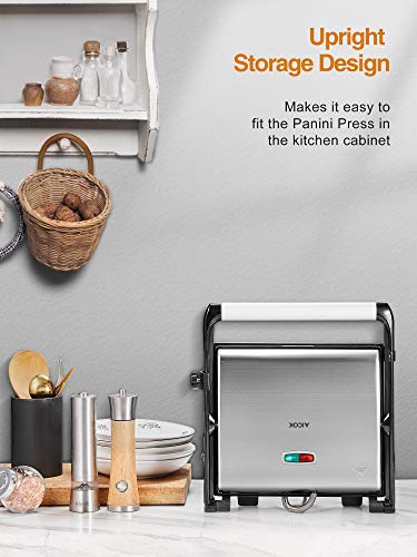 AICOK Parrilla Eléctrica, 2000 W Sandwichera Grill 4-Serving Panini Grill con Placas Antiadherentes Libre de PFOA, Bandeja de Goteo Extraíble, Tapa Flotante y Asa de Toque Frío, Plata AICOK Parrilla Eléctrica, 2000 W Sandwichera Grill 4-Serving Panini Grill con Placas Antiadherentes Libre de PFOA, Bandeja de Goteo Extraíble, Tapa Flotante y Asa de Toque Frío, Plata
