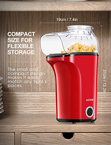 Aicook Palomitero, 1400W Automática Máquina de Palomitas con Gran Capacidad, Aire Caliente Sin Grasa Aceita, Tapa Removible y Libre de BPA, Rojo