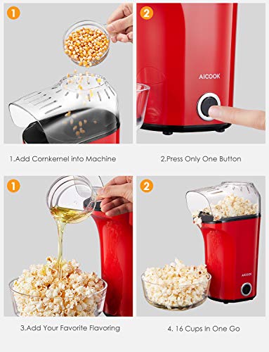 Aicook Palomitero, 1400W Automática Máquina de Palomitas con Gran Capacidad, Aire Caliente Sin Grasa Aceita, Tapa Removible y Libre de BPA, Rojo