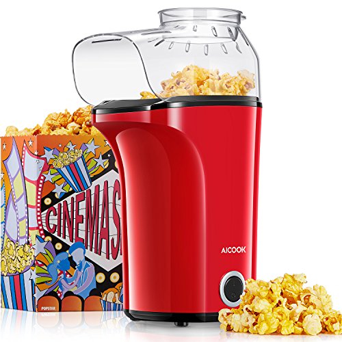 Aicook Palomitero, 1400W Automática Máquina de Palomitas con Gran Capacidad, Aire Caliente Sin Grasa Aceita, Tapa Removible y Libre de BPA, Rojo