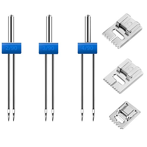 AIEX 3 Piezas Agujas Dobles con 3 Piezas de Prensatelas de 5/7/9 Ranuras para Máquina de Coser (3 Tamaños 2/90 3/90 4/90)