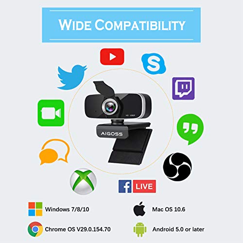 Aigoss Webcam Full HD 1080P con Micrófono Estéreo Cámara Web USB 2.0 para Videollamadas Panorámicas y Grabación Compatible con Windows, Mac y Android