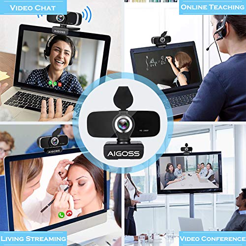 Aigoss Webcam Full HD 1080P con Micrófono Estéreo Cámara Web USB 2.0 para Videollamadas Panorámicas y Grabación Compatible con Windows, Mac y Android