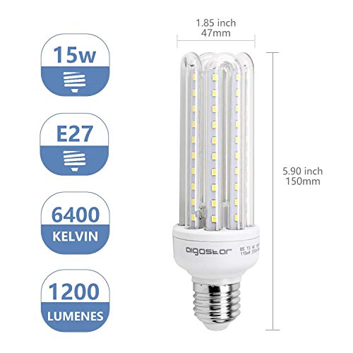 Aigostar - Bombilla LED B5 T3 4U, E27,15W, Ángulo 360°, Luz Blanca Fría 6400K, 1200 lúmenes, no regulable -Pack de 5