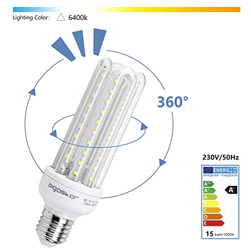 Aigostar - Bombilla LED B5 T3 4U, E27,15W, Ángulo 360°, Luz Blanca Fría 6400K, 1200 lúmenes, no regulable -Pack de 5