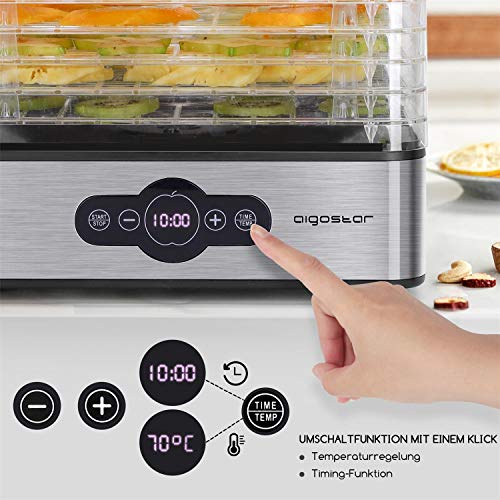 Aigostar Crispy - Deshidratador de alimentos, 240W, 5 bandejas, desecadora automática, deshidrata fruta, carne, verduras etc. controles digitales, ajuste manual de tiempo y temperatura. Libre de BPA. Aigostar Crispy - Deshidratador de alimentos, 240W, 5 bandejas, desecadora automática, deshidrata fruta, carne, verduras etc. controles digitales, ajuste manual de tiempo y temperatura. Libre de BPA.