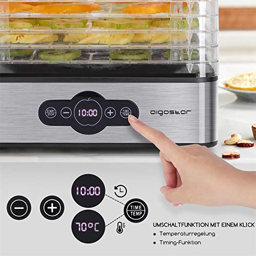 Aigostar Crispy - Deshidratador de alimentos, 240W, 5 bandejas, desecadora automática, deshidrata fruta, carne, verduras etc. controles digitales, ajuste manual de tiempo y temperatura. Libre de BPA.