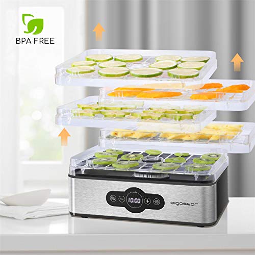 Aigostar Crispy - Deshidratador de alimentos, 240W, 5 bandejas, desecadora automática, deshidrata fruta, carne, verduras etc. controles digitales, ajuste manual de tiempo y temperatura. Libre de BPA.