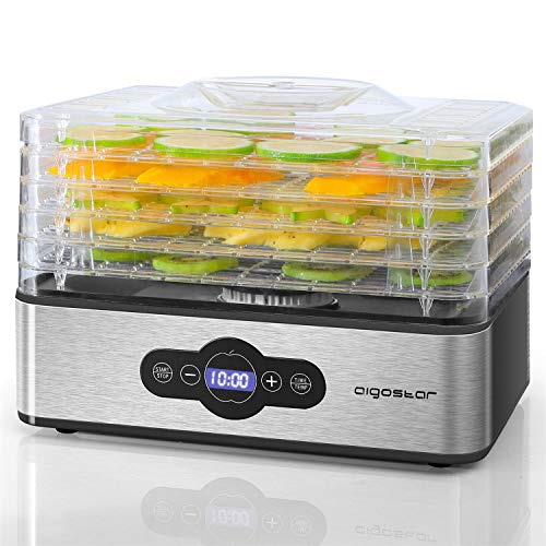 Aigostar Crispy - Deshidratador de alimentos, 240W, 5 bandejas, desecadora automática, deshidrata fruta, carne, verduras etc. controles digitales, ajuste manual de tiempo y temperatura. Libre de BPA. Aigostar Crispy - Deshidratador de alimentos, 240W, 5 bandejas, desecadora automática, deshidrata fruta, carne, verduras etc. controles digitales, ajuste manual de tiempo y temperatura. Libre de BPA.