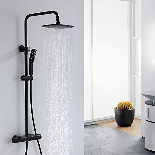 Aihom Conjunto de ducha negro Set de Ducha Termostática Cuadrada Sistema de ducha con estante Varilla de ducha regulable para baño