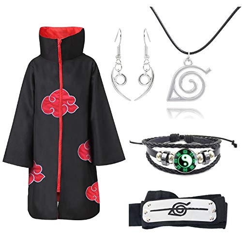 Ailin Online Juego de cosplay de Naruto: 1 capa de nube roja, 1 collar con logotipo de símbolo de pueblo de hoja, 1 pendiente Orochimaru, 1 pulsera, 1 diadema.