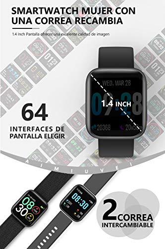 AIMIUVEI Smartwatch, Reloj Inteligente Mujer Hombre IP67 con Pulsómetro, 1.4 Inch Smartwatch Presión Arterial Monitor de Sueño GPS Podómetro Pulsera Actividad Inteligente Compatible con iOS y Android