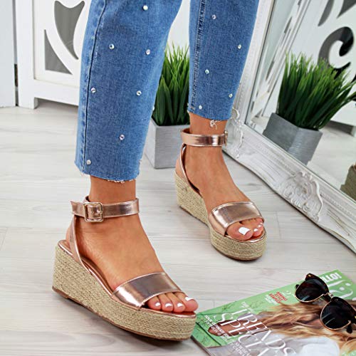 AIni Sandalias Mujer Verano Roman Paja Tejido Zapatos De CuñA con Altas Tacon 5cm Zapatillas Hebillas De Plataforma De Tejido Impermeable Planas Sandalias De Leopardo NegroDia De Miembro Oferta35-43