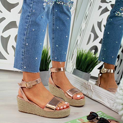 AIni Sandalias Mujer Verano Roman Paja Tejido Zapatos De CuñA con Altas Tacon 5cm Zapatillas Hebillas De Plataforma De Tejido Impermeable Planas Sandalias De Leopardo NegroDia De Miembro Oferta35-43