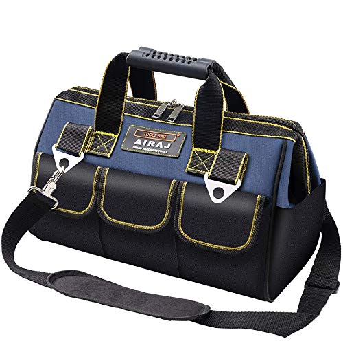 AIRAJ 15 pulgadas Bolsa de Herramientas Impermeable, Bolsa de Asas de Herramientas de Boca Ancha Superior con Bolsillos Interiores/Exteriores para Guardar Herramientas,Gran Capacidad (Azul y Negro)