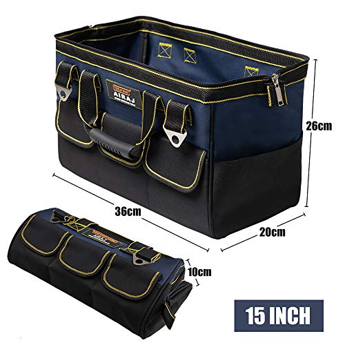 AIRAJ 15 pulgadas Bolsa de Herramientas Impermeable, Bolsa de Asas de Herramientas de Boca Ancha Superior con Bolsillos Interiores/Exteriores para Guardar Herramientas,Gran Capacidad (Azul y Negro)