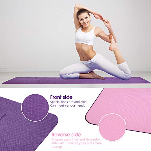 AISITIN Esterilla Yoga Antideslizante Esterilla Deporte Yoga Mat Hecho de TPE Ecológico con Alineación Corporal Líneas para Pilates Fitness Todo Tipo Yoga Deporte Púrpura 183 x 66 x 0.8cm