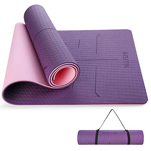 AISITIN Esterilla Yoga Antideslizante Esterilla Deporte Yoga Mat Hecho de TPE Ecológico con Alineación Corporal Líneas para Pilates Fitness Todo Tipo Yoga Deporte Púrpura 183 x 66 x 0.8cm