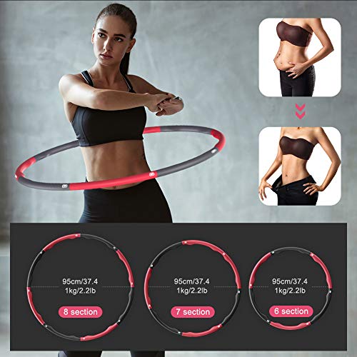 Aiweite Hula Hoop - Aro de hula Hoop para adultos y niños para pérdida de peso y masaje, 6 – 8 piezas con capucha desmontable para fitness / entrenamiento / contornos abdominales (1,2 kg / gris rojo)