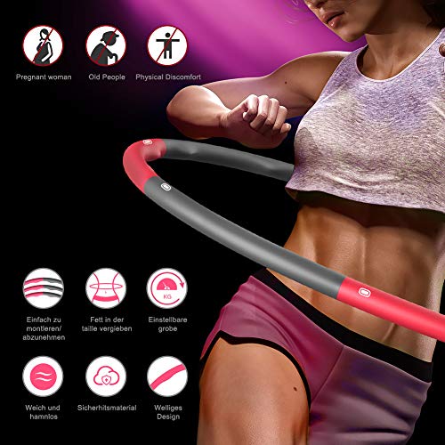 Aiweite Hula Hoop - Aro de hula Hoop para adultos y niños para pérdida de peso y masaje, 6 – 8 piezas con capucha desmontable para fitness / entrenamiento / contornos abdominales (1,2 kg / gris rojo)