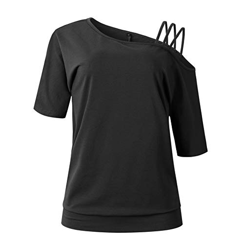 Ajpguot Mujer Manga Corta Sin Tirantes Camisetas Verano Color Sólido Blusas Casual Tops Camisas (XL, Negro)