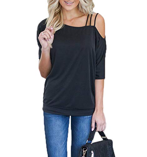 Ajpguot Mujer Manga Corta Sin Tirantes Camisetas Verano Color Sólido Blusas Casual Tops Camisas (XL, Negro)