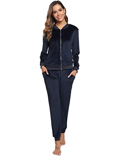 Akalnny Chándal Conjunto Mujer de Terciopelo Informal Pijamas Trajes Chaquetas de Manga Larga con Cremallera + Pantalones de Cintura Alta Azul Marino