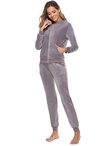 Akalnny Chándal Conjunto Mujer de Terciopelo Informal Pijamas Trajes Chaquetas de Manga Larga con Cremallera + Pantalones de Cintura Alta Gris