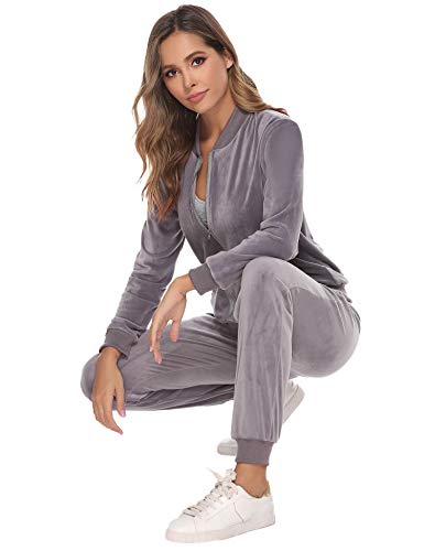 Akalnny Chándal Conjunto Mujer de Terciopelo Informal Pijamas Trajes Chaquetas de Manga Larga con Cremallera + Pantalones de Cintura Alta Gris