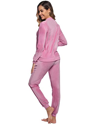 Akalnny Chándal Conjunto Mujer de Terciopelo Informal Pijamas Trajes Chaquetas de Manga Larga con Cremallera + Pantalones de Cintura Alta Rosa Oscuro