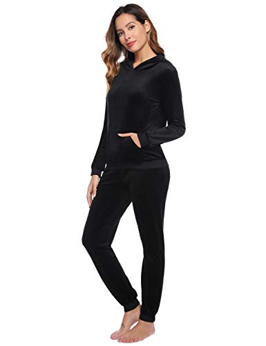 Akalnny Chándal Conjunto Mujer de Terciopelo Informal Sudadera de Manga Larga con Capucha + Pantalones de Cintura Alta Trajes Negro